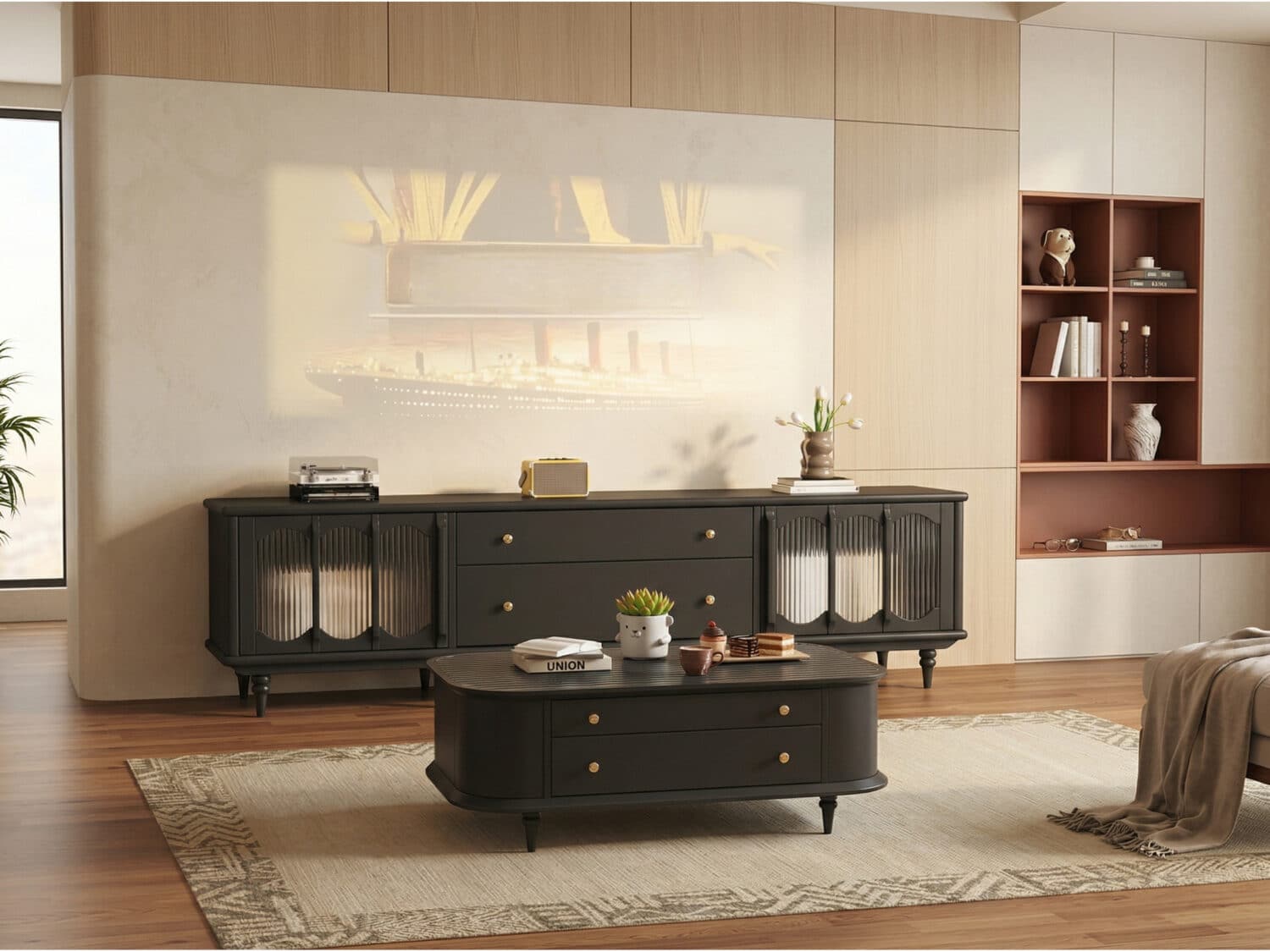 Rustic Black Wood Drawers Cabinet Long TV Stand 商品主图 scene
