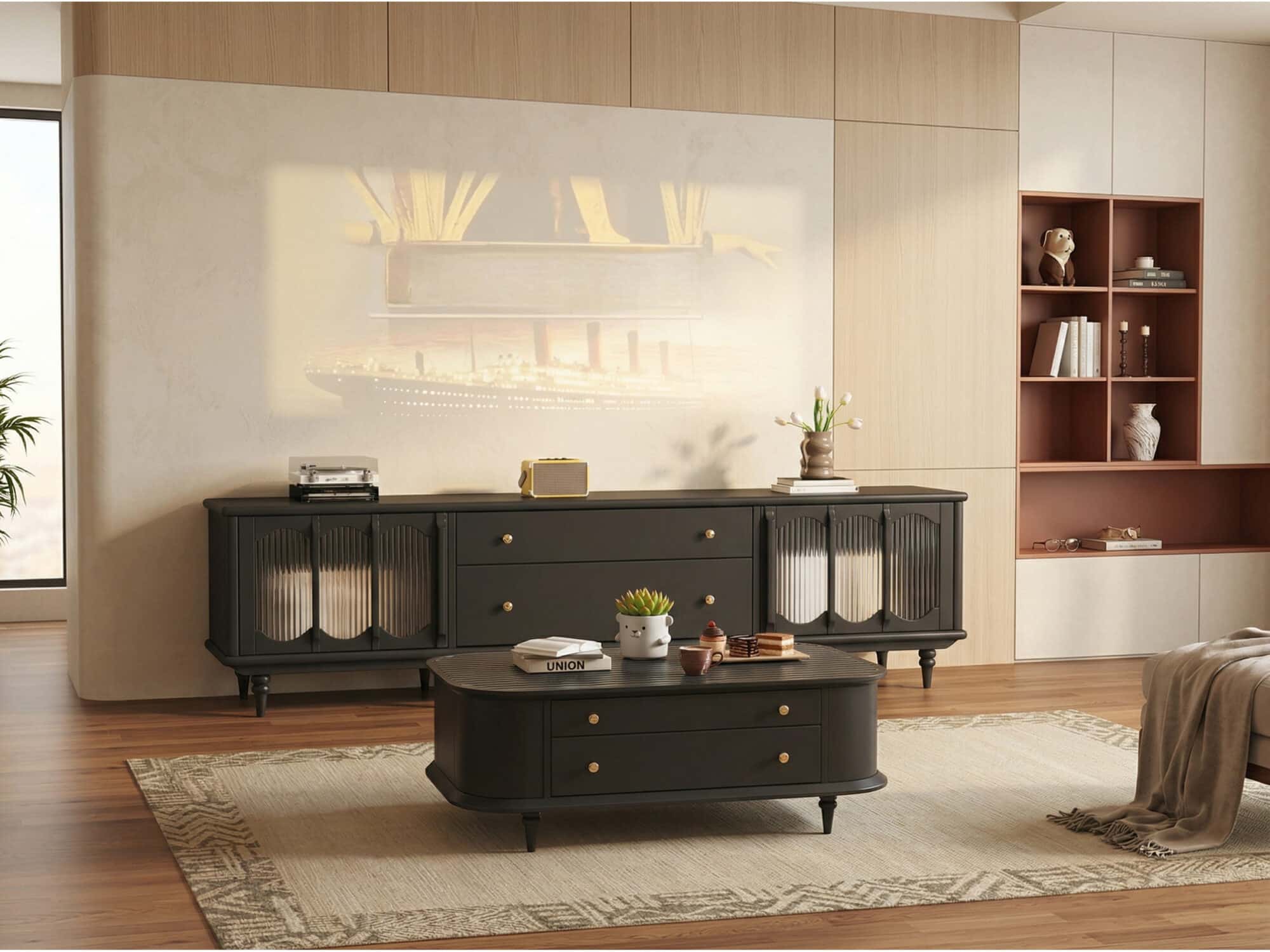 Rustic Black Wood Drawers Cabinet Long TV Stand 商品主图 scene