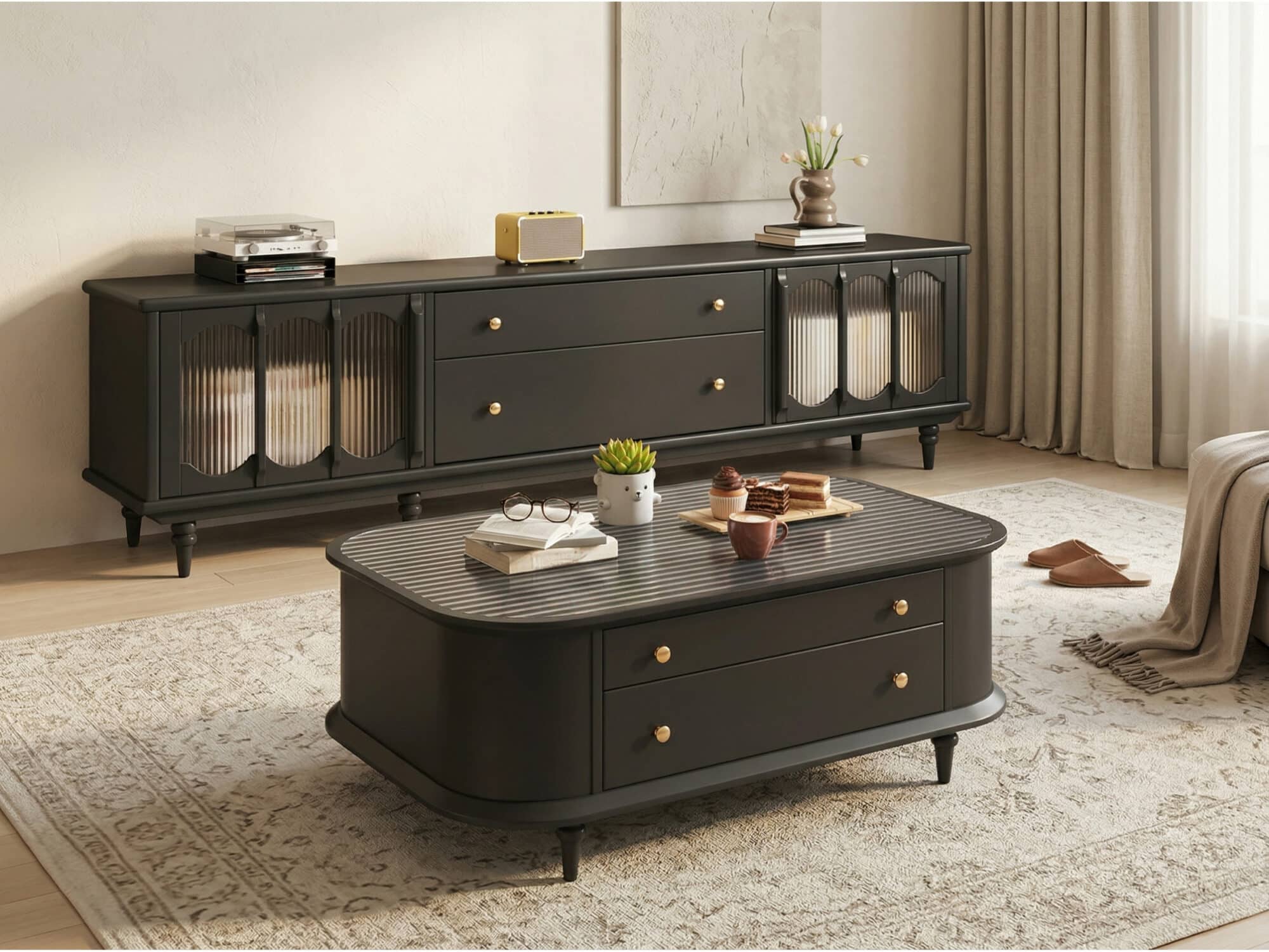 Rustic Black Wood Drawers Cabinet Long TV Stand 相册图 #4 scene