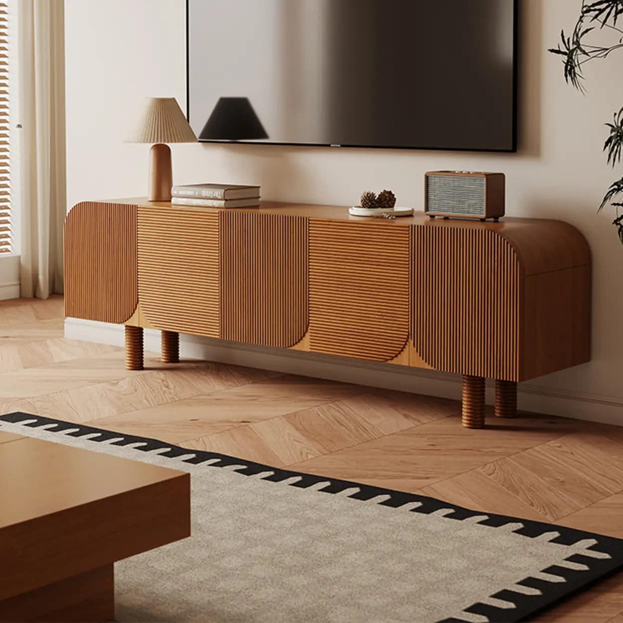 Rustic Brown Wooden Long Curved Tv Stand With Cabinet 1 Dcb7eed0 D9c2 467e B416 245df2abc826