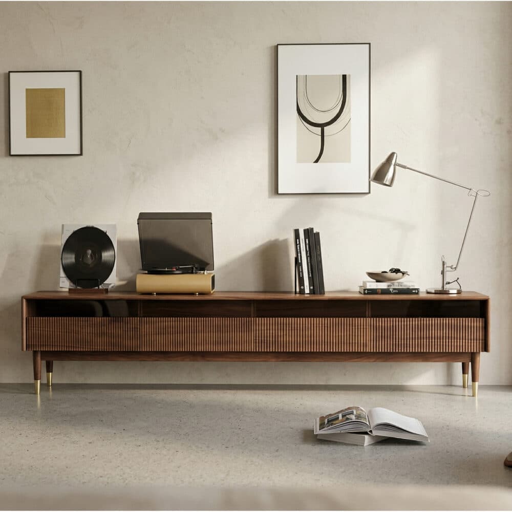 Scandinavian Brown Walnut Long TV Stand with Drawers 商品主图 scene
