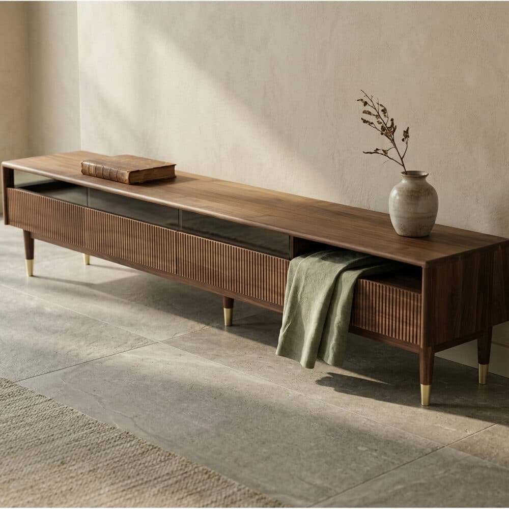 Scandinavian Brown Walnut Long TV Stand with Drawers 相册图 #4 scene