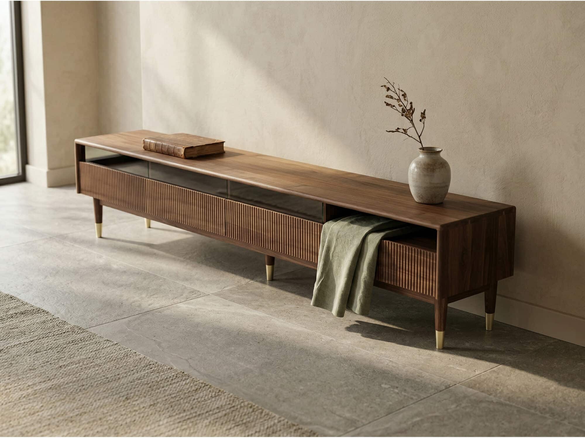 Scandinavian Brown Walnut Long TV Stand with Drawers 相册图 #4 scene