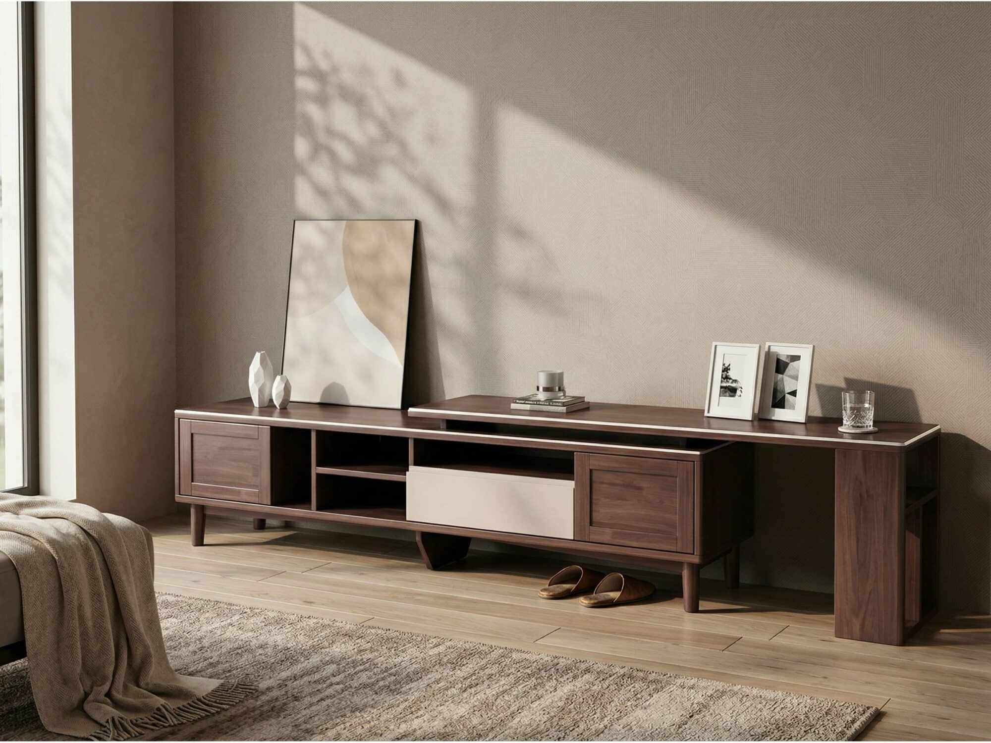 Simplistic Wood Color Open Storage Long TV Stand 相册图 #2 scene
