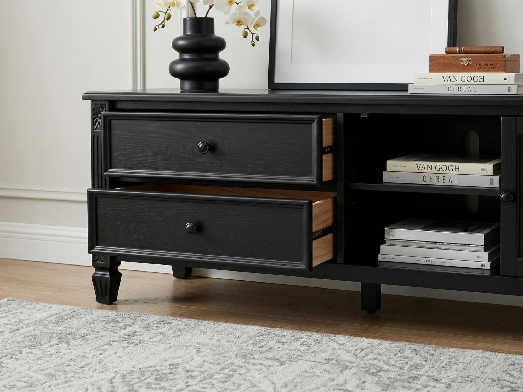Vintage Rectangle Elegant Black Tv Stand With Cabinet 10