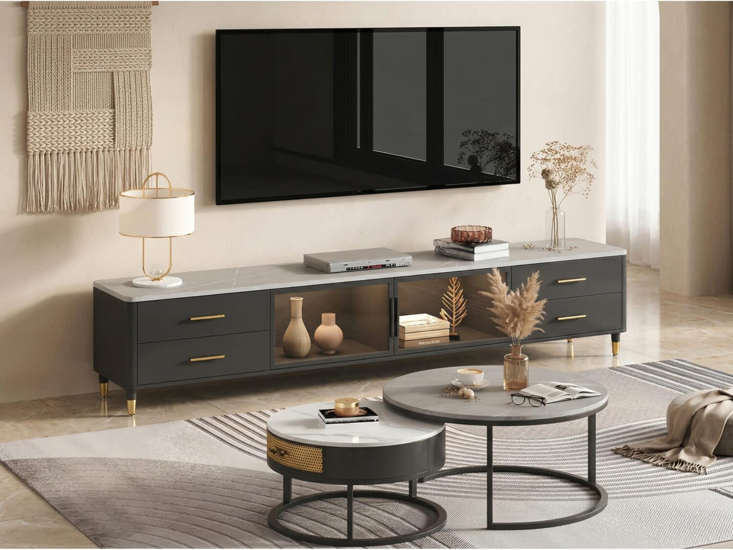 White-Black Stone Cabinet TV Stand with Lighting 相册图 #2 scene