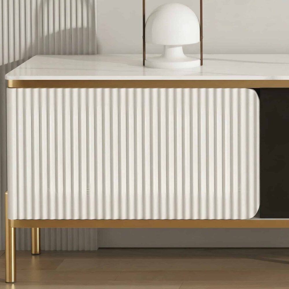 White Glass Open Storage Drawers Tv Stand With Legs 13