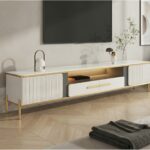 White Glass Open Storage Drawers Tv Stand With Legs 3