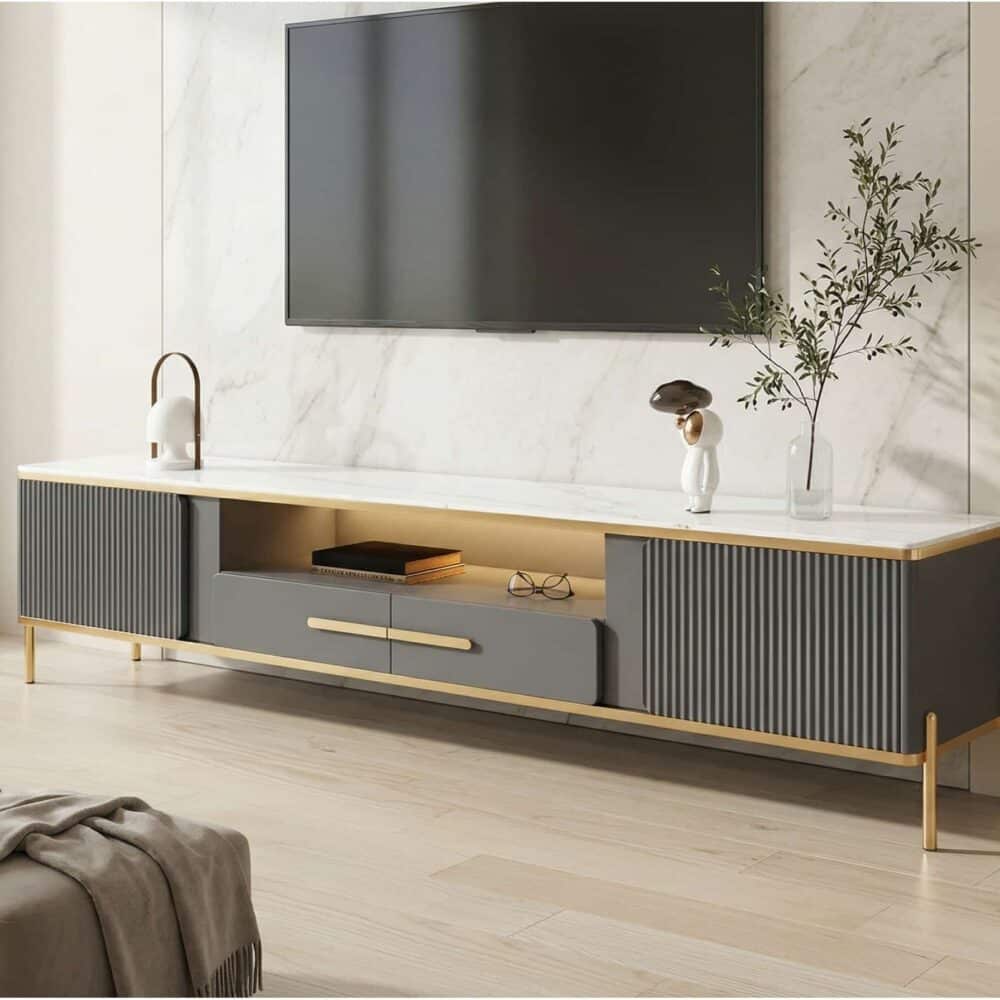 White Glass Open Storage Drawers Tv Stand With Legs 7