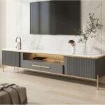 White Glass Open Storage Drawers Tv Stand With Legs 7