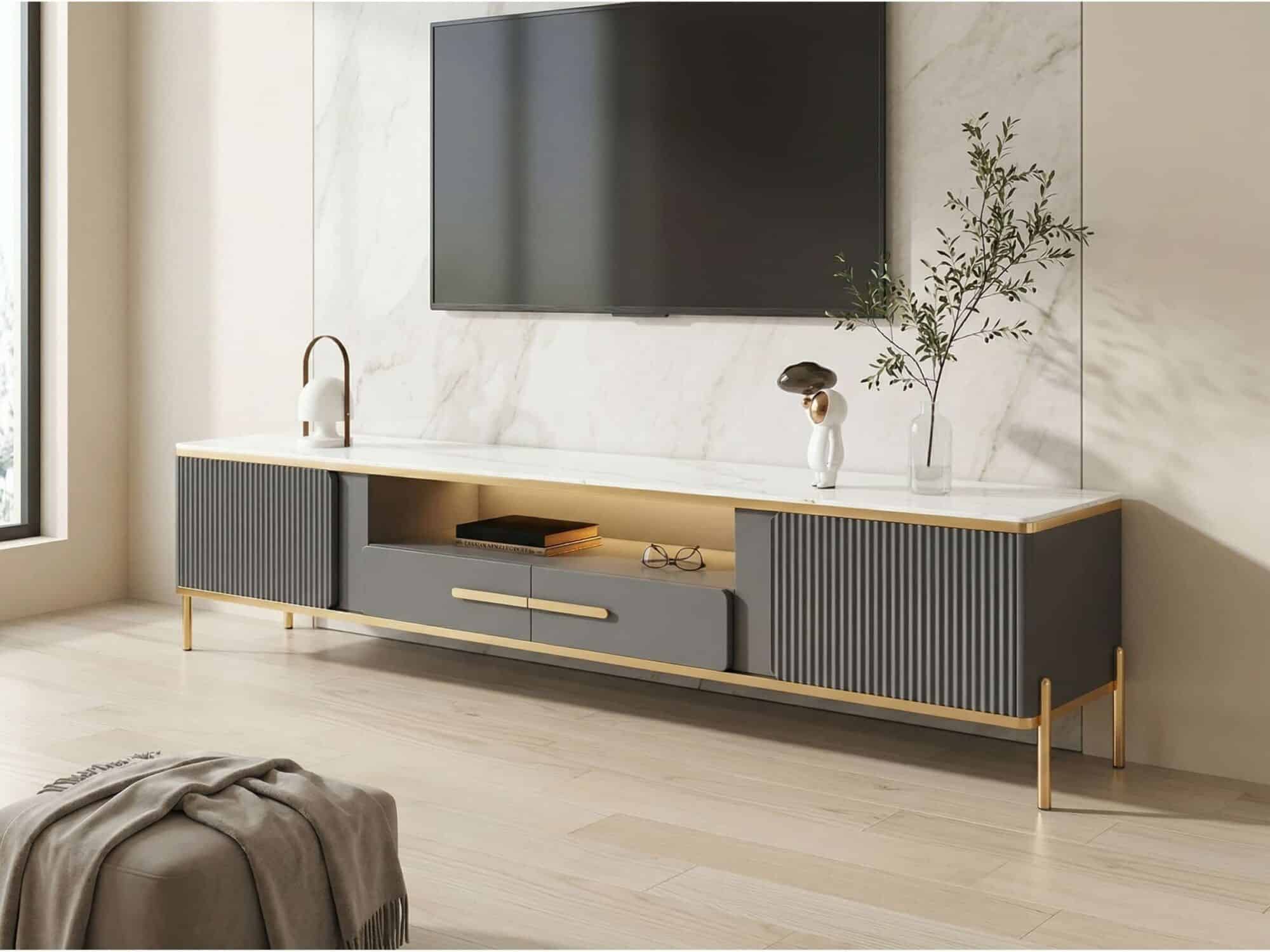 White Glass Open Storage Drawers Tv Stand With Legs 7