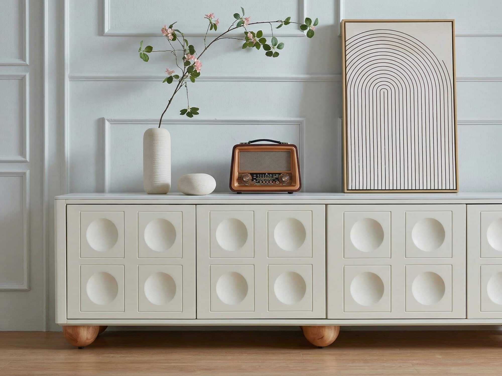White Stone Rectangle Shelves Cabinet Long TV Stand 相册图 #7 resized