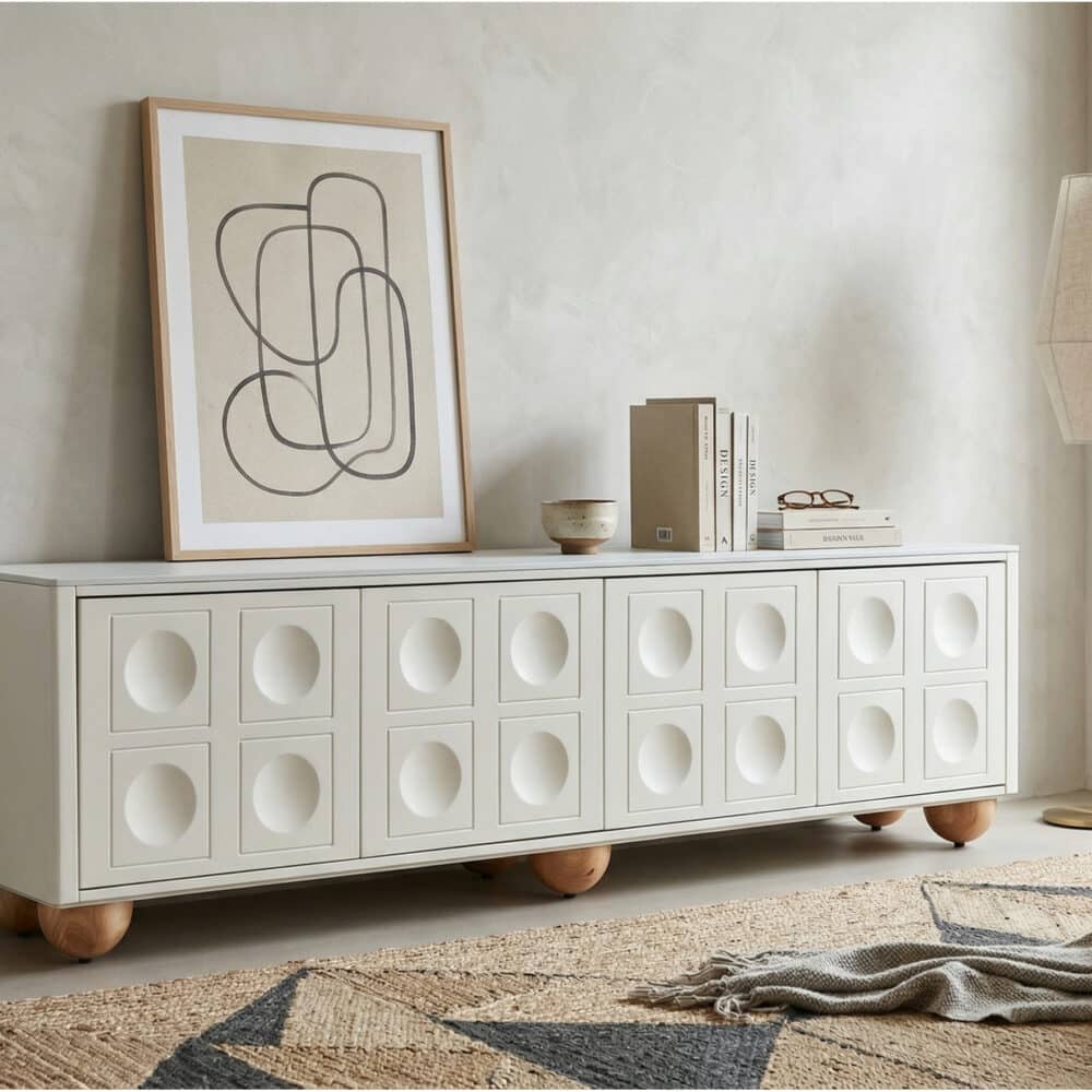 White Stone Rectangle Shelves Cabinet Long TV Stand 商品主图 scene