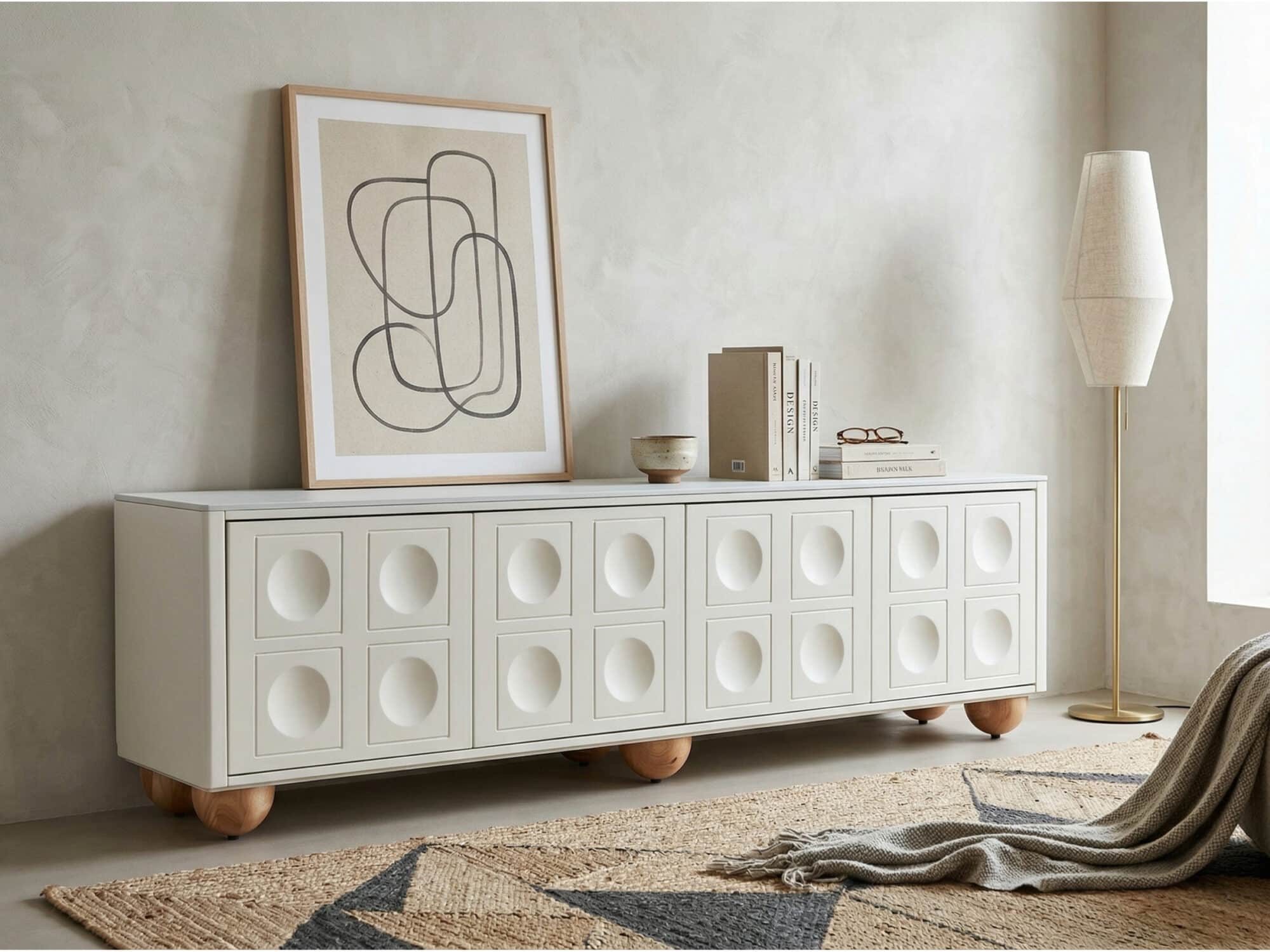 White Stone Rectangle Shelves Cabinet Long TV Stand 商品主图 scene