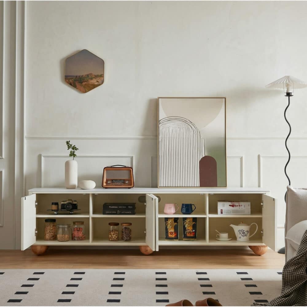 White Stone Rectangle Shelves Cabinet Long TV Stand 相册图 #3 scene