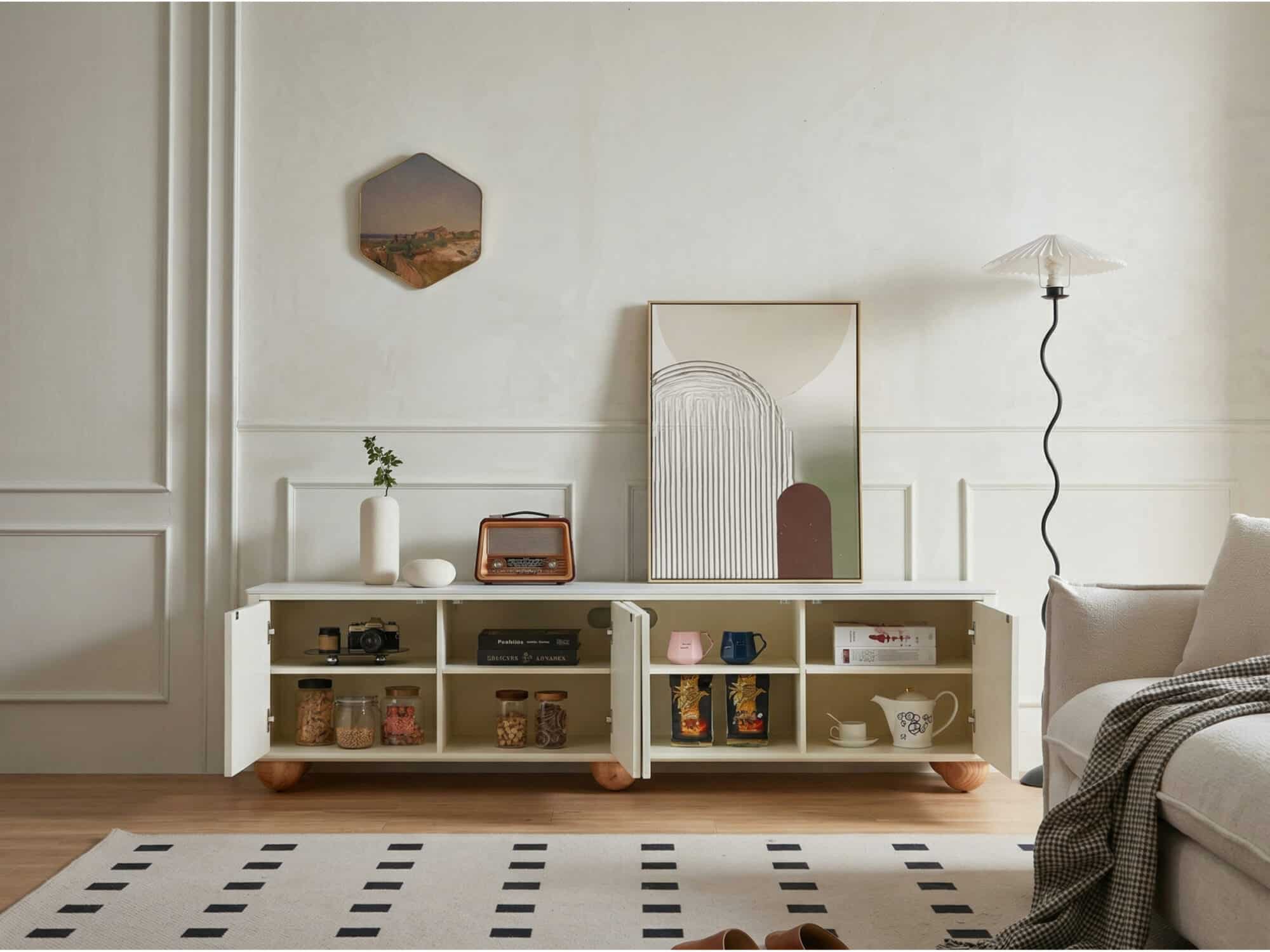White Stone Rectangle Shelves Cabinet Long TV Stand 相册图 #3 scene