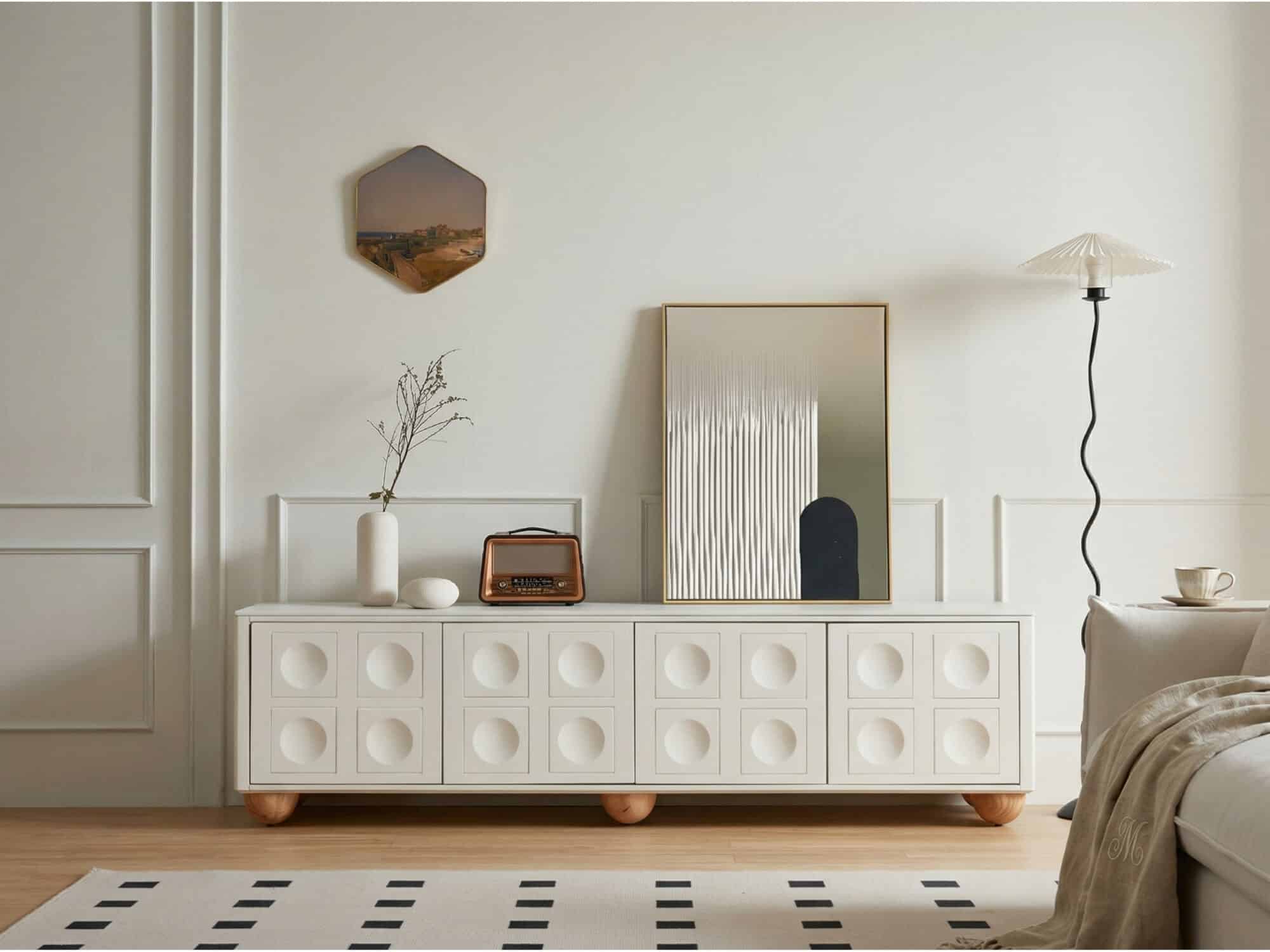White Stone Rectangle Shelves Cabinet Long TV Stand 相册图 #4 scene