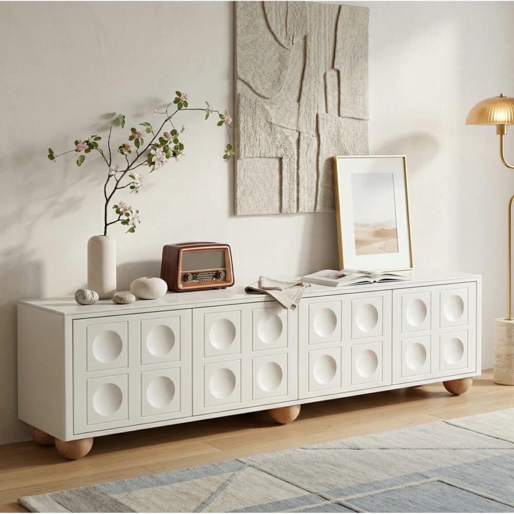 White Stone Rectangle Shelves Cabinet Long TV Stand 相册图 #5 scene