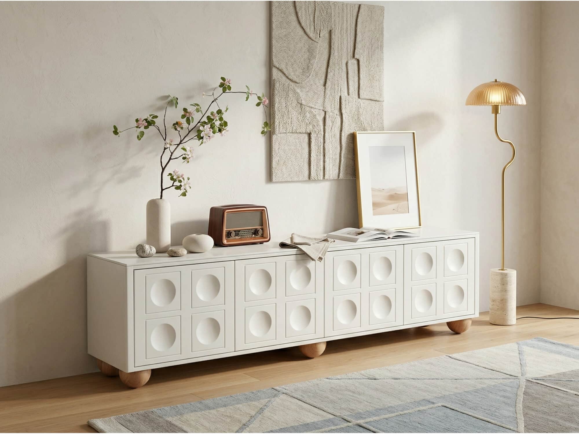 White Stone Rectangle Shelves Cabinet Long TV Stand 相册图 #5 scene