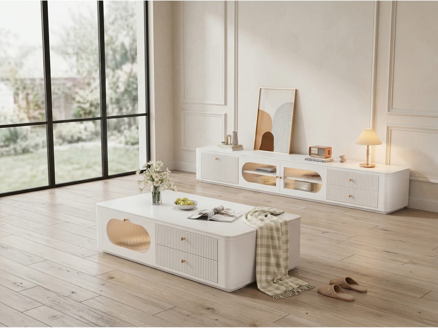 White Stone Rectangle Storage TV Stand with Lighting 商品主图 scene