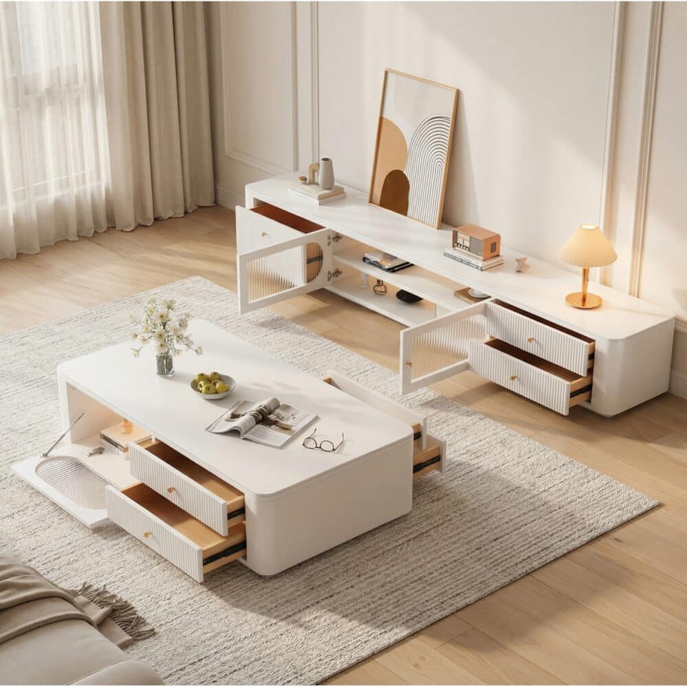 White Stone Rectangle Storage TV Stand with Lighting 相册图 #2 scene