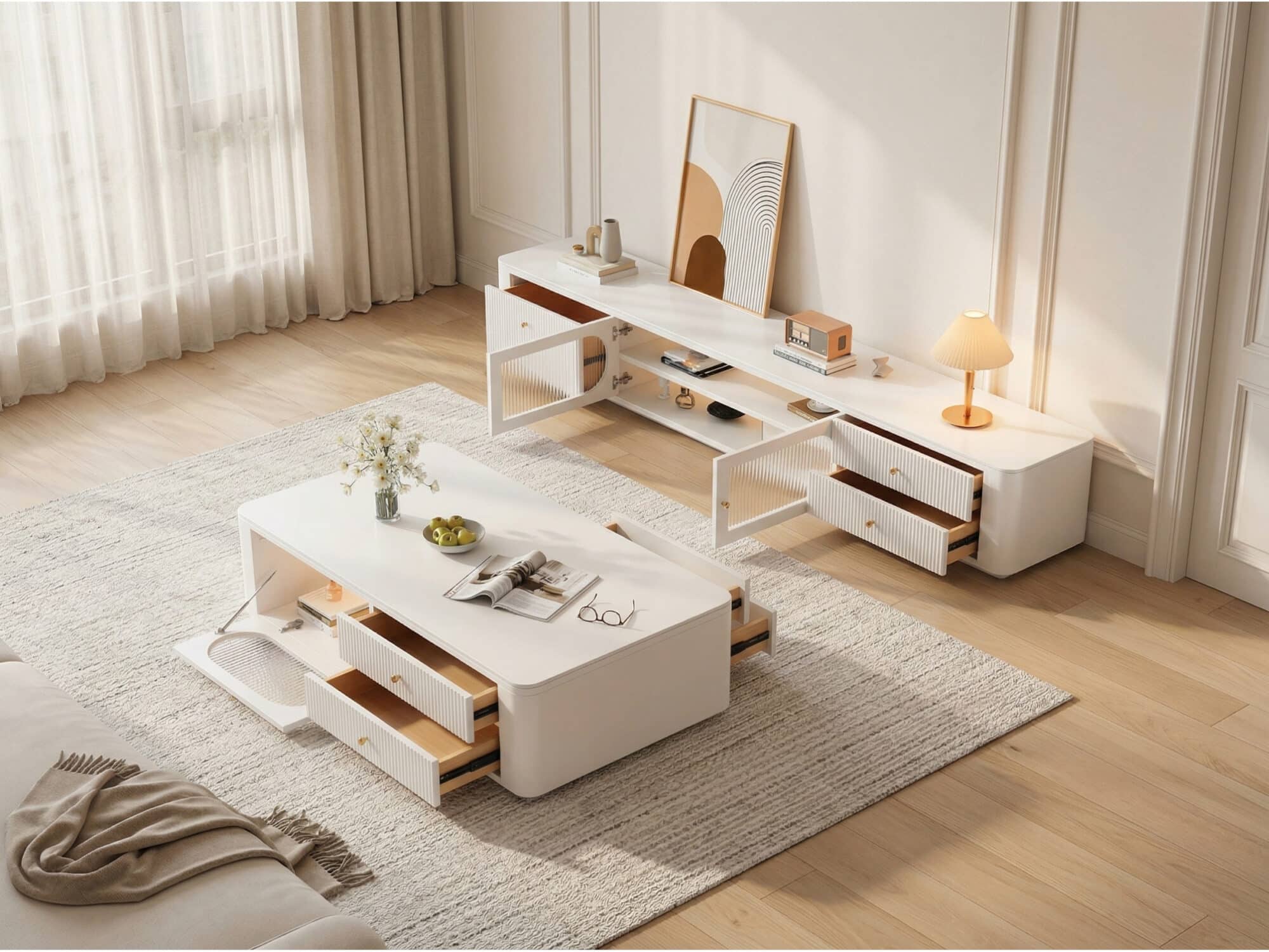 White Stone Rectangle Storage TV Stand with Lighting 相册图 #2 scene