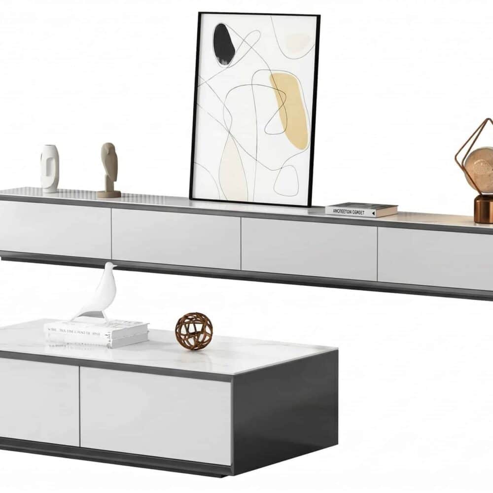 White Wood Slate Long Tv Stand With Drawers 5