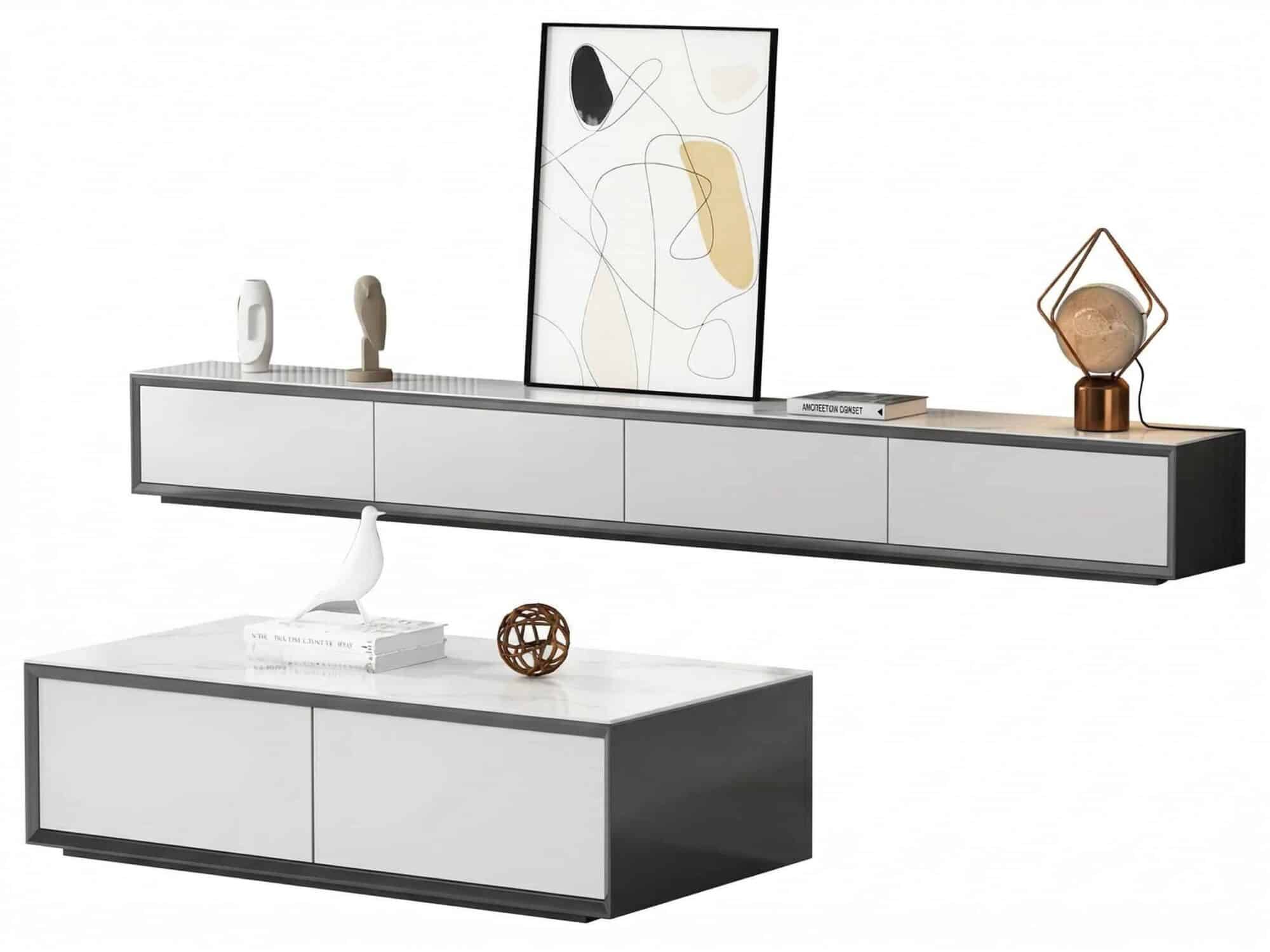 White Wood Slate Long Tv Stand With Drawers 5