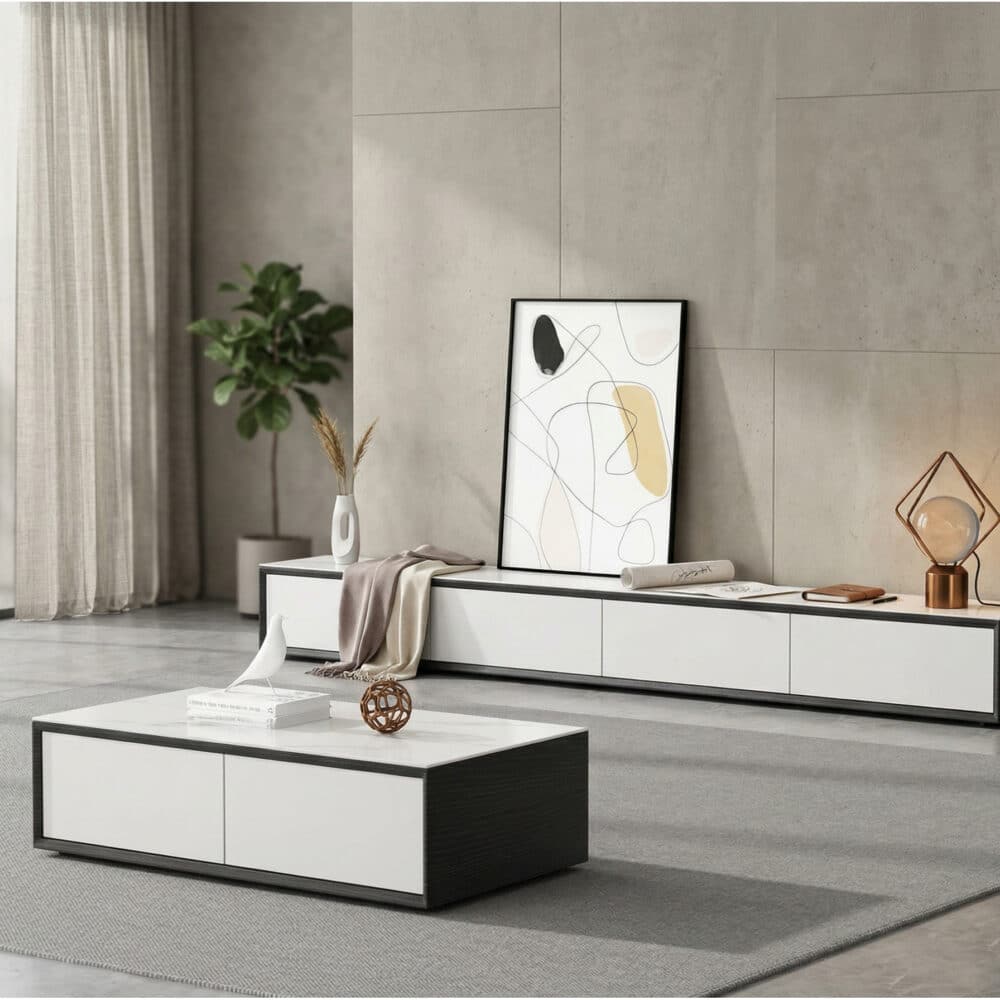 White Wood Slate Long TV Stand with Drawers 商品主图 scene
