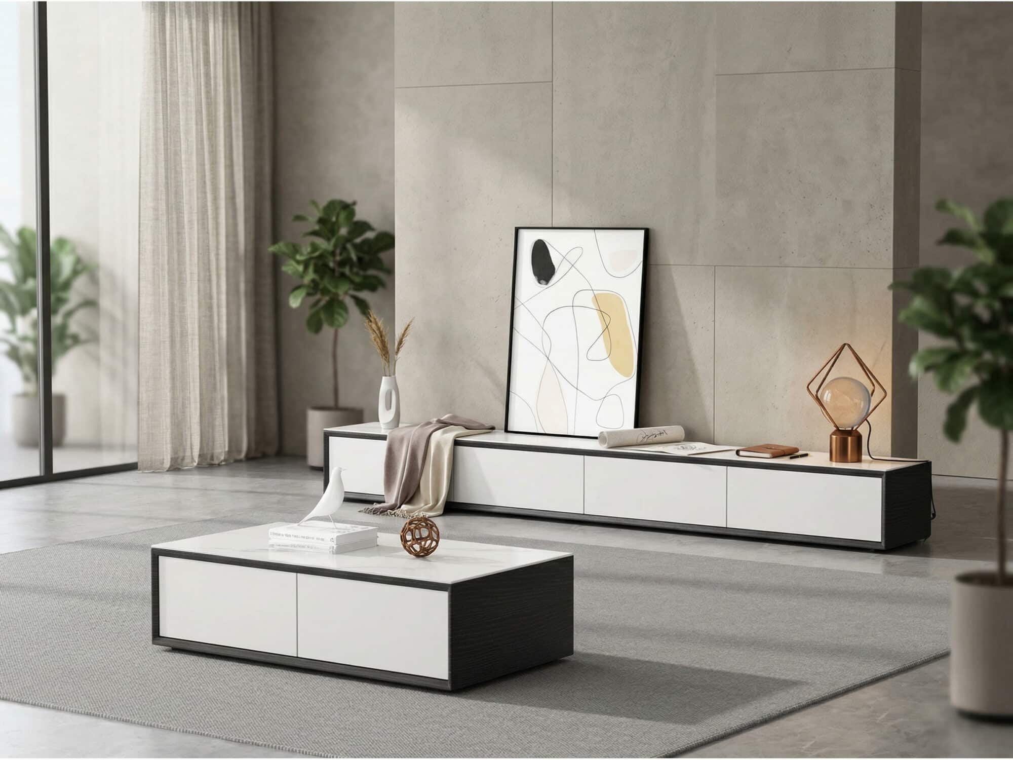 White Wood Slate Long TV Stand with Drawers 商品主图 scene