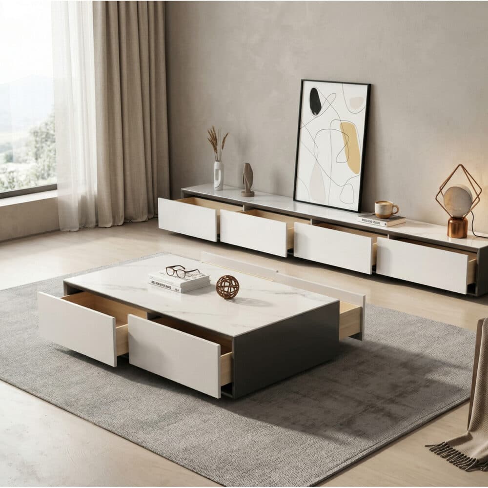 White Wood Slate Long TV Stand with Drawers 相册图 #2 scene