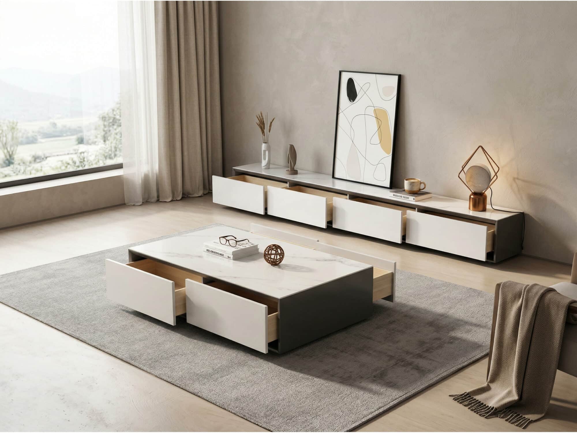 White Wood Slate Long TV Stand with Drawers 相册图 #2 scene