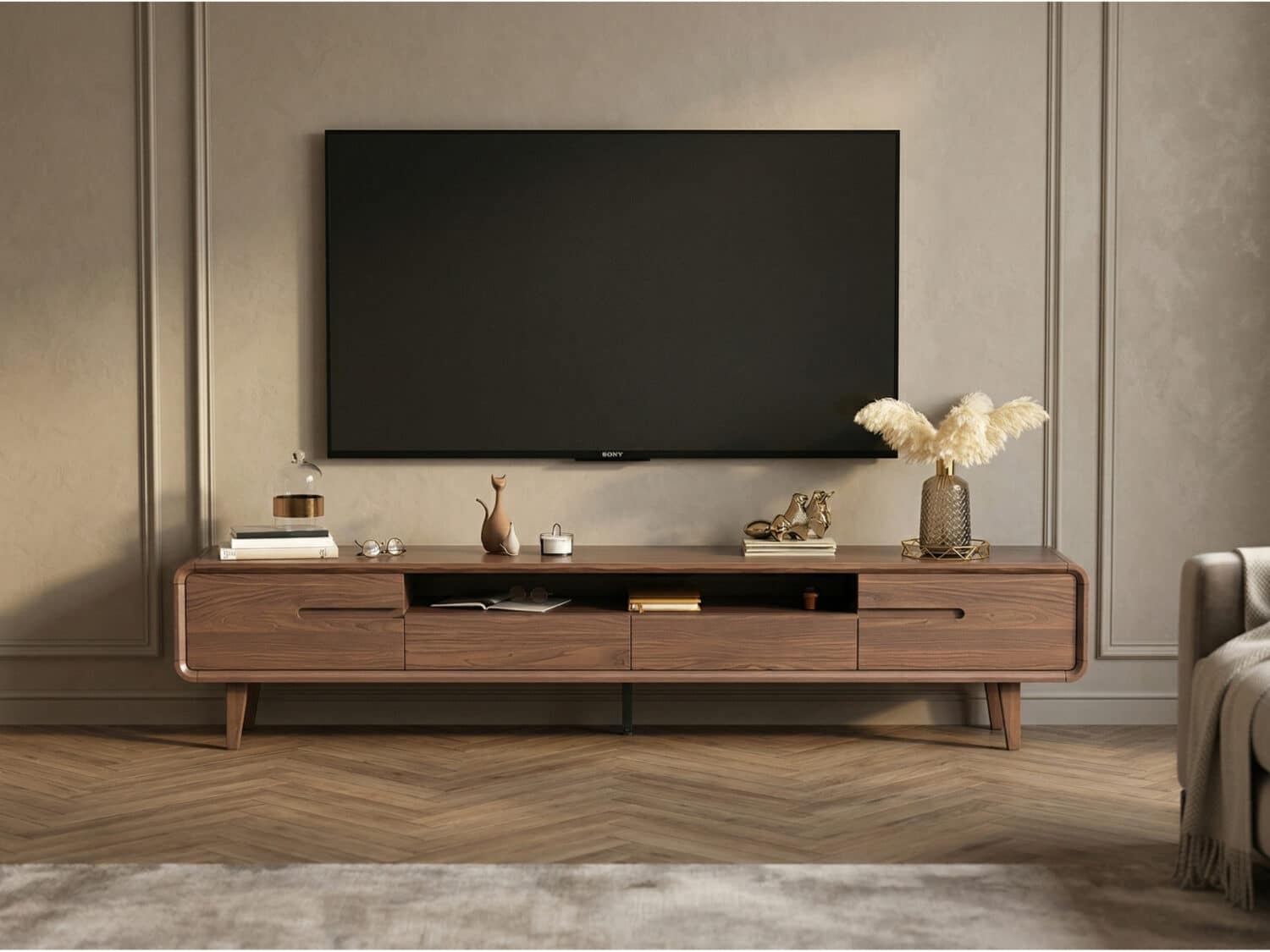 70.2'' Modern Walnut TV Stand Low Profile Wooden Media Console with Storage 商品主图 scene
