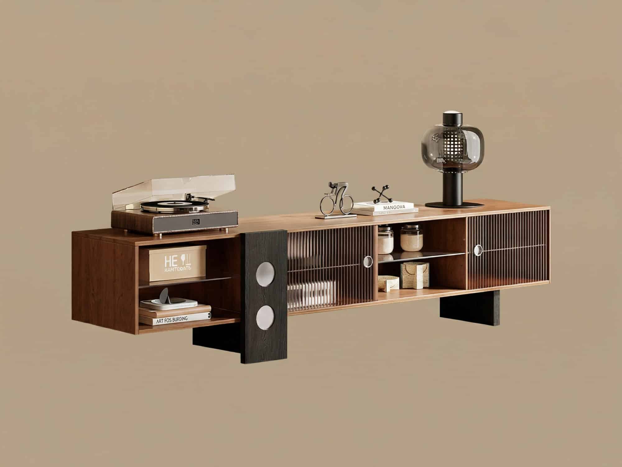 70.2‘’Mid-Century Modern TV Stand with Record Player Shelf - Wood Storage  Easy Organization 相册图 #7 resized