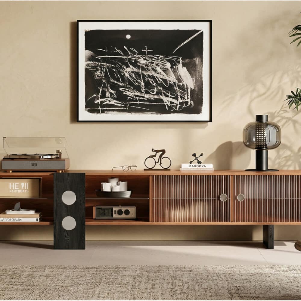 70.2‘’Mid-Century Modern TV Stand with Record Player Shelf - Wood Storage  Easy Organization 商品主图 scene