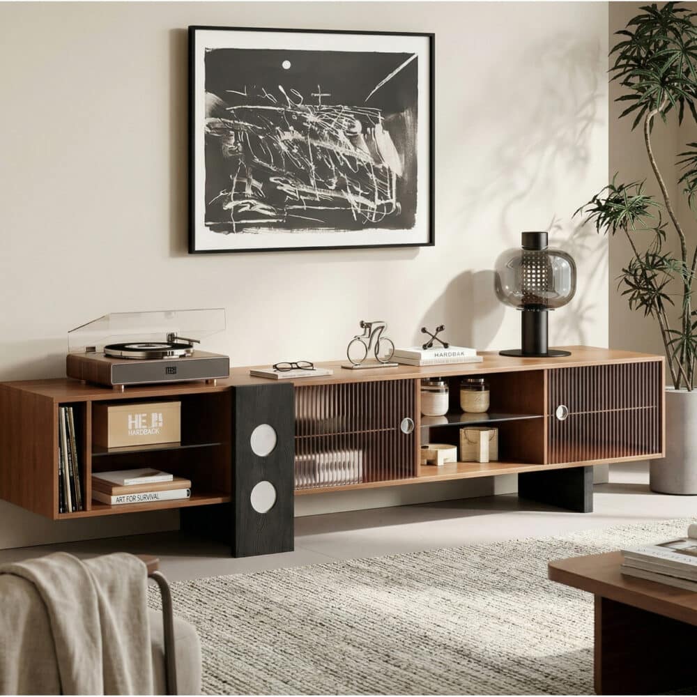 70.2‘’Mid-Century Modern TV Stand with Record Player Shelf - Wood Storage  Easy Organization 相册图 #1 scene