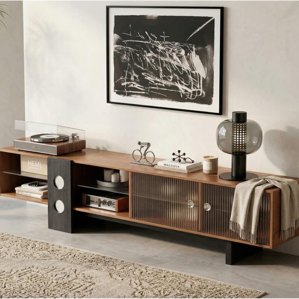 70.2‘’Mid-Century Modern TV Stand with Record Player Shelf - Wood Storage  Easy Organization 相册图 #2 scene