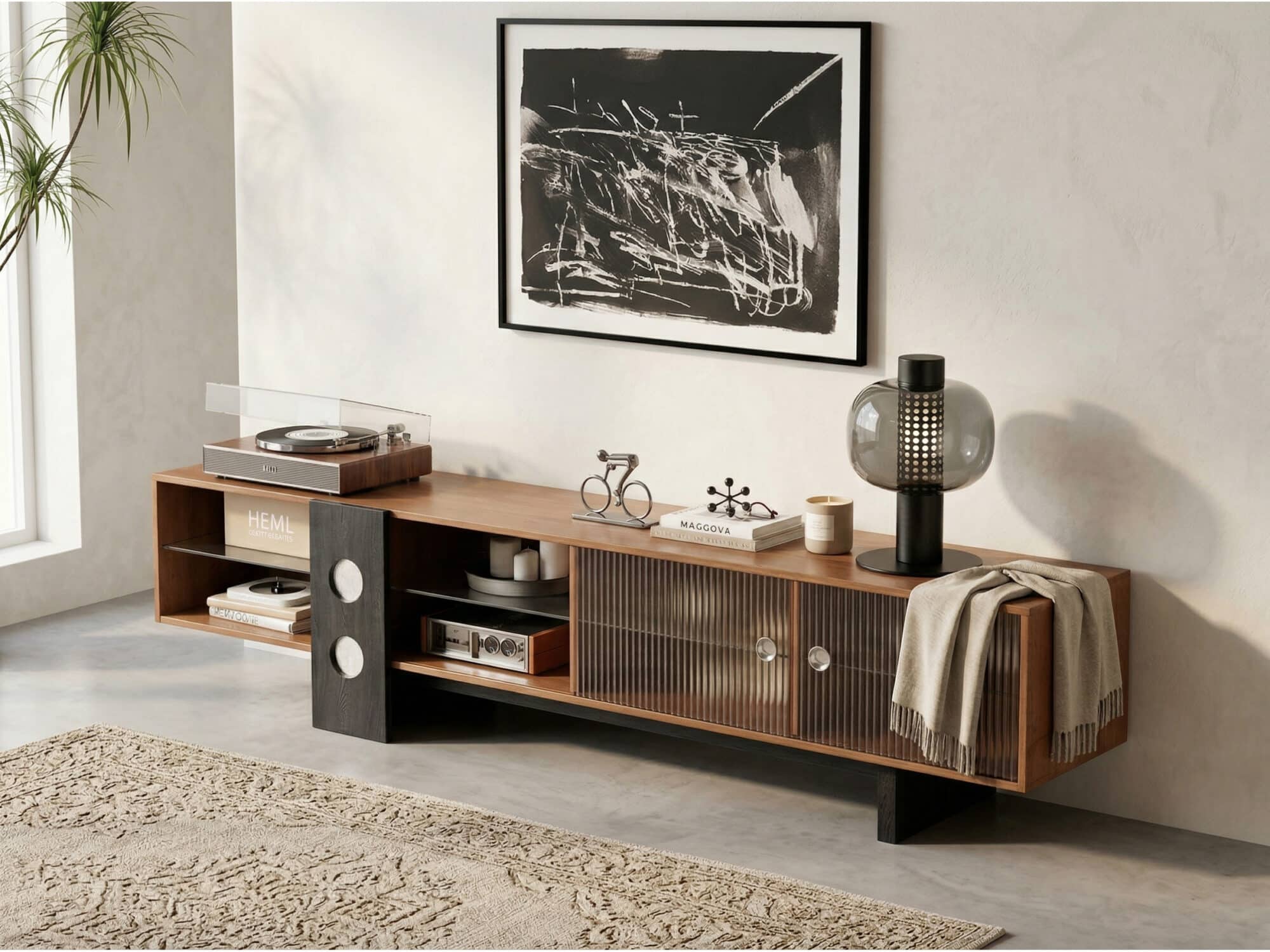 70.2‘’Mid-Century Modern TV Stand with Record Player Shelf - Wood Storage  Easy Organization 相册图 #2 scene