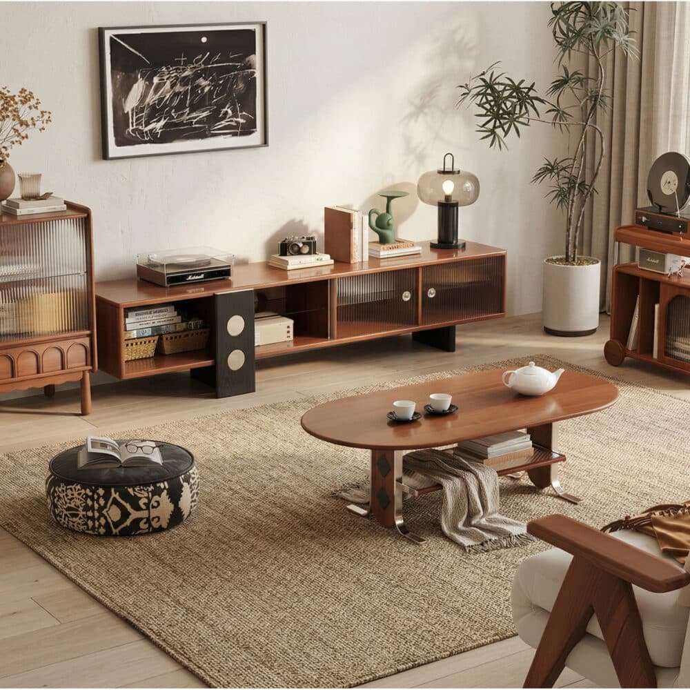 70.2‘’Mid-Century Modern TV Stand with Record Player Shelf - Wood Storage  Easy Organization 相册图 #3 scene