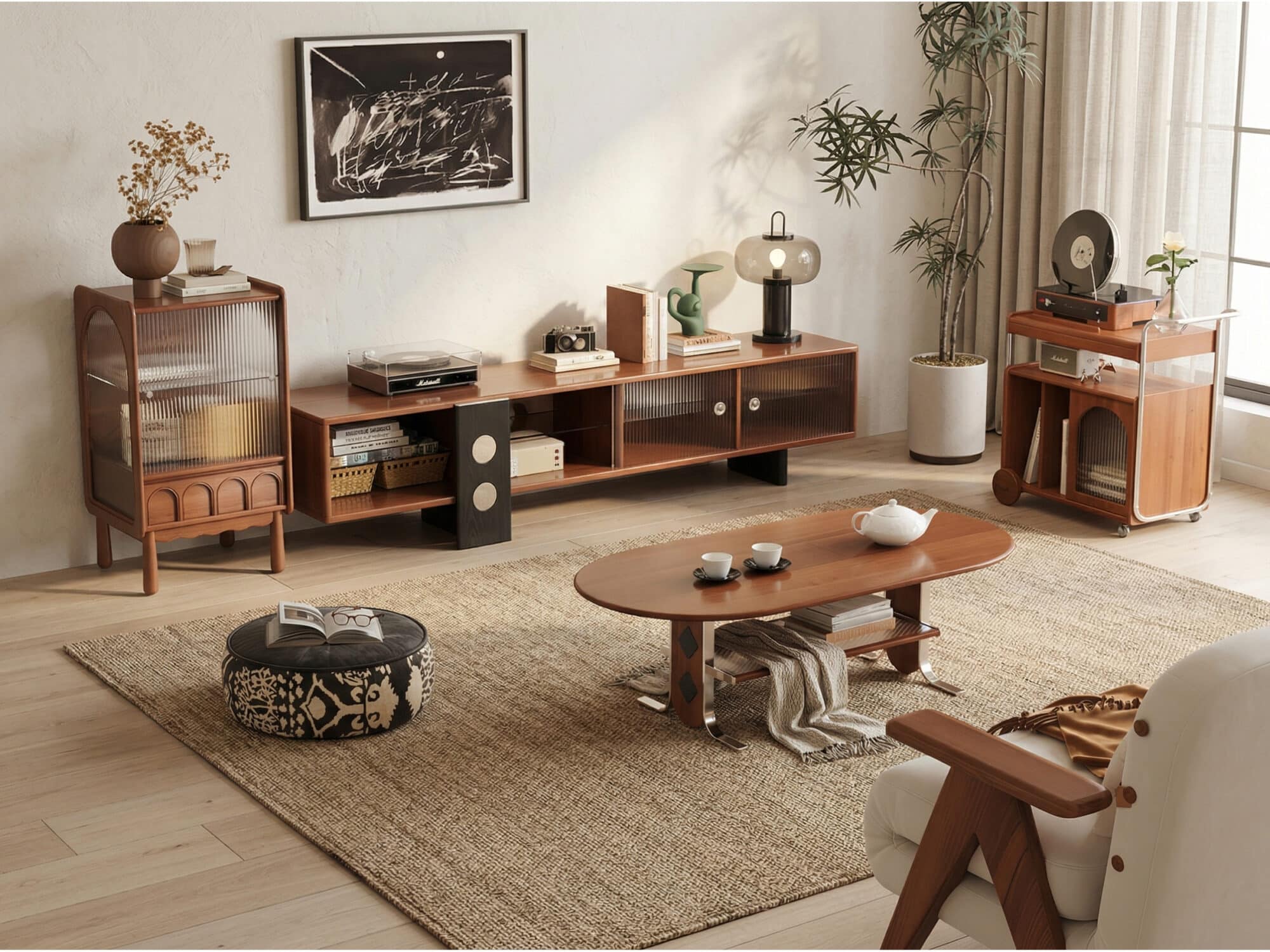 70.2‘’Mid-Century Modern TV Stand with Record Player Shelf - Wood Storage  Easy Organization 相册图 #3 scene