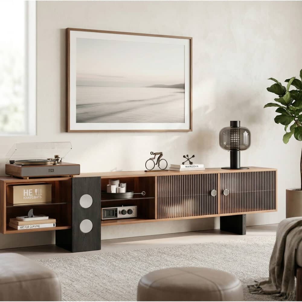70.2‘’Mid-Century Modern TV Stand with Record Player Shelf - Wood Storage  Easy Organization 相册图 #4 scene