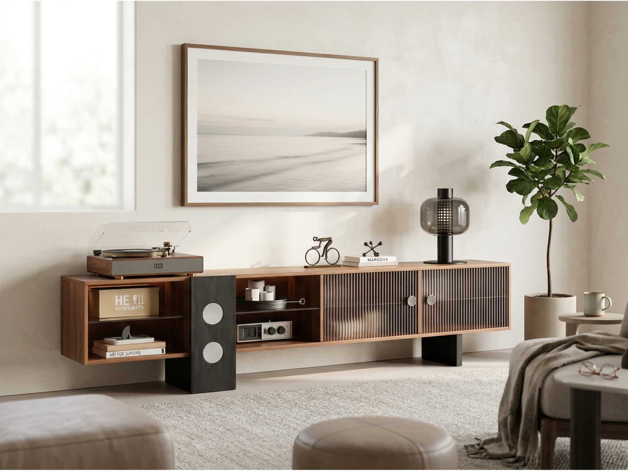 70.2‘’Mid-Century Modern TV Stand with Record Player Shelf - Wood Storage  Easy Organization 相册图 #4 scene