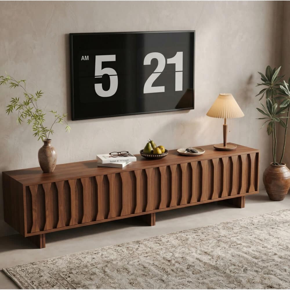 70.8'' Japanese-Style Wood TV Stand with Carved Sliding Doors Minimalist Low Media Console 商品主图 scene