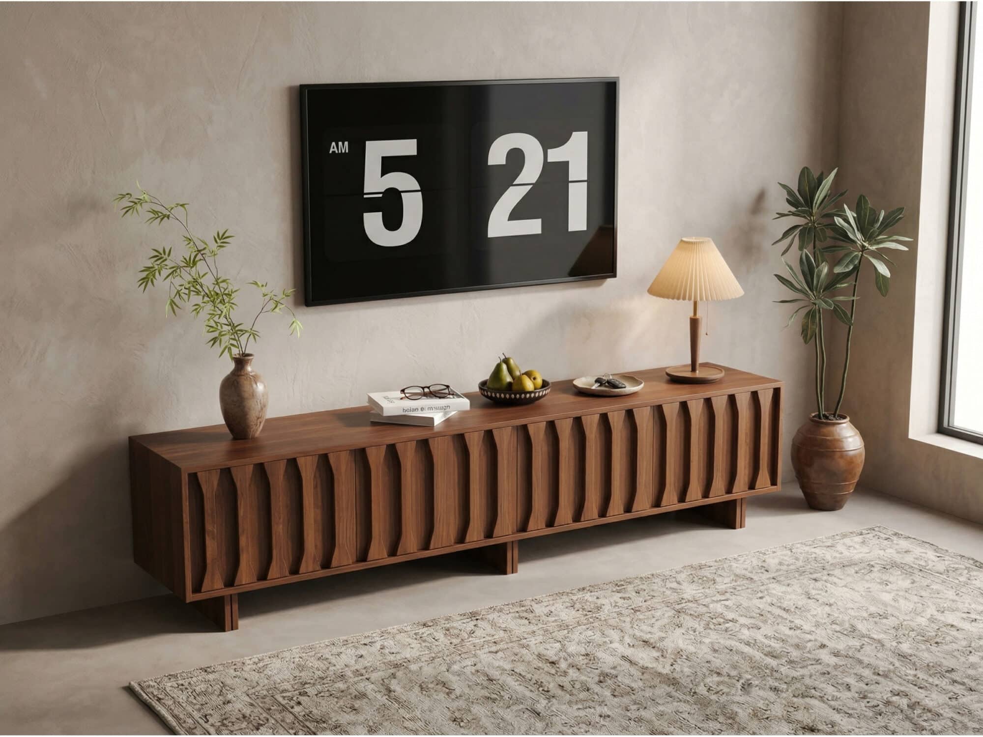 70.8'' Japanese-Style Wood TV Stand with Carved Sliding Doors Minimalist Low Media Console 商品主图 scene
