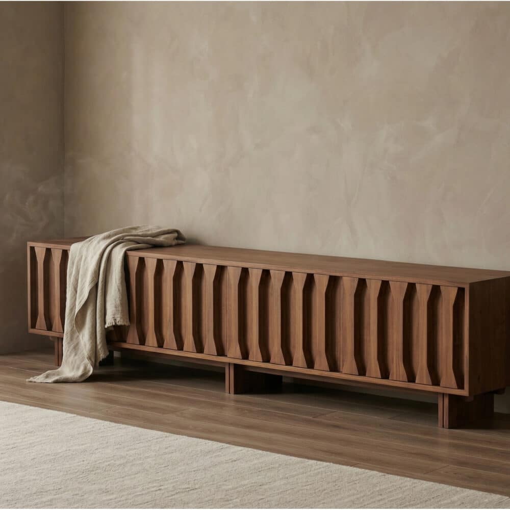 70.8'' Japanese-Style Wood TV Stand with Carved Sliding Doors Minimalist Low Media Console 相册图 #1 scene