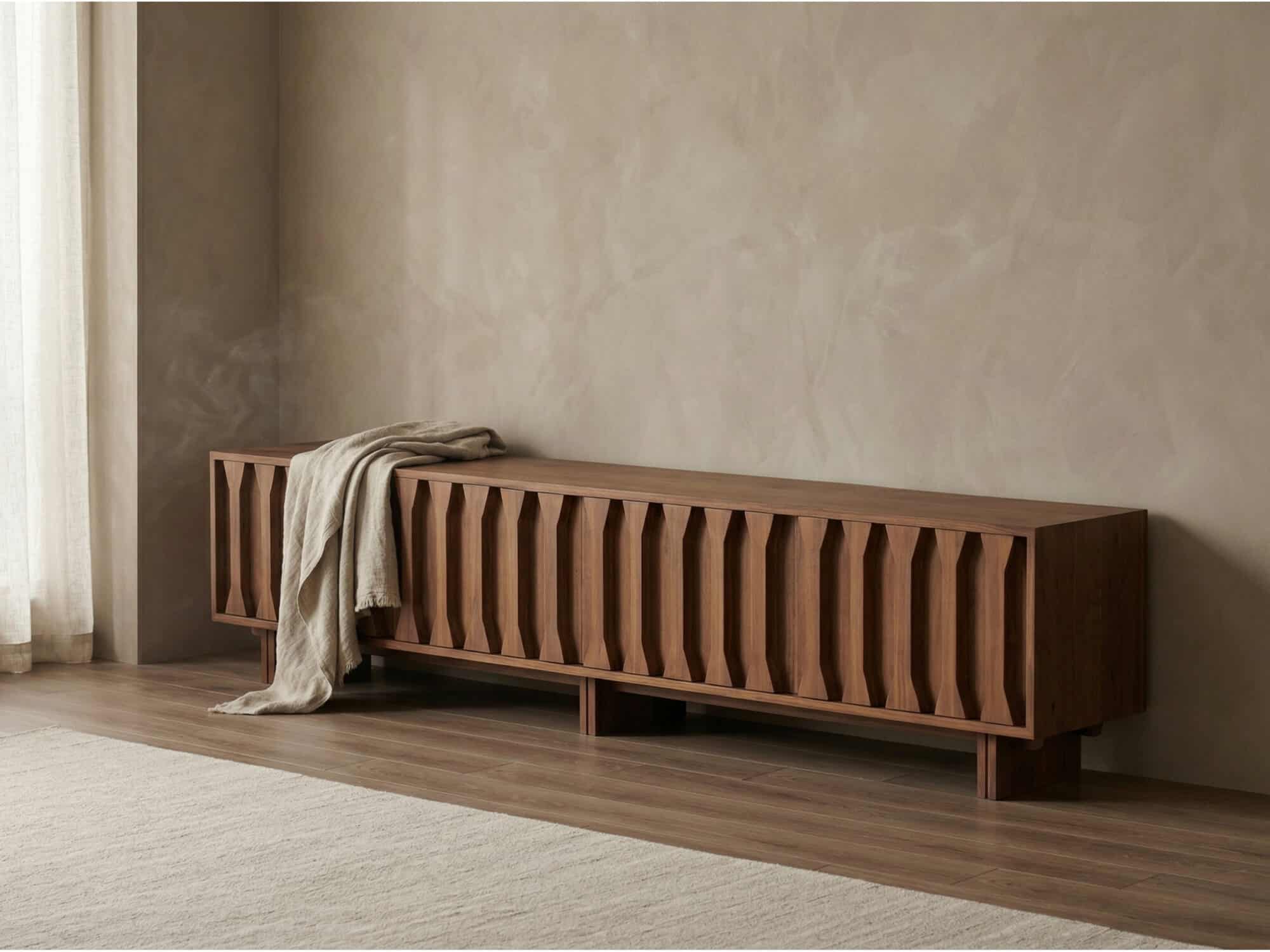 70.8'' Japanese-Style Wood TV Stand with Carved Sliding Doors Minimalist Low Media Console 相册图 #1 scene
