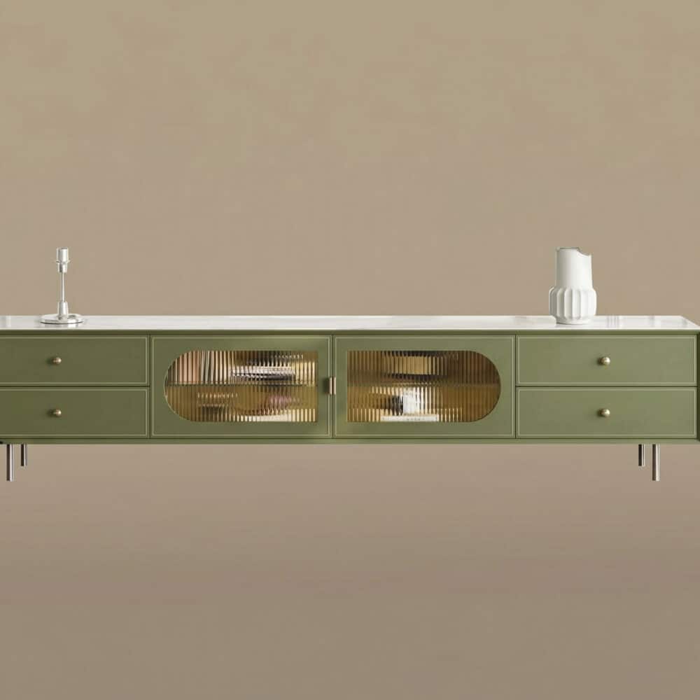 70.87" Modern Green TV Stand with Gold-Ribbed Glass Doors & Storage Drawers 相册图 #7 resized
