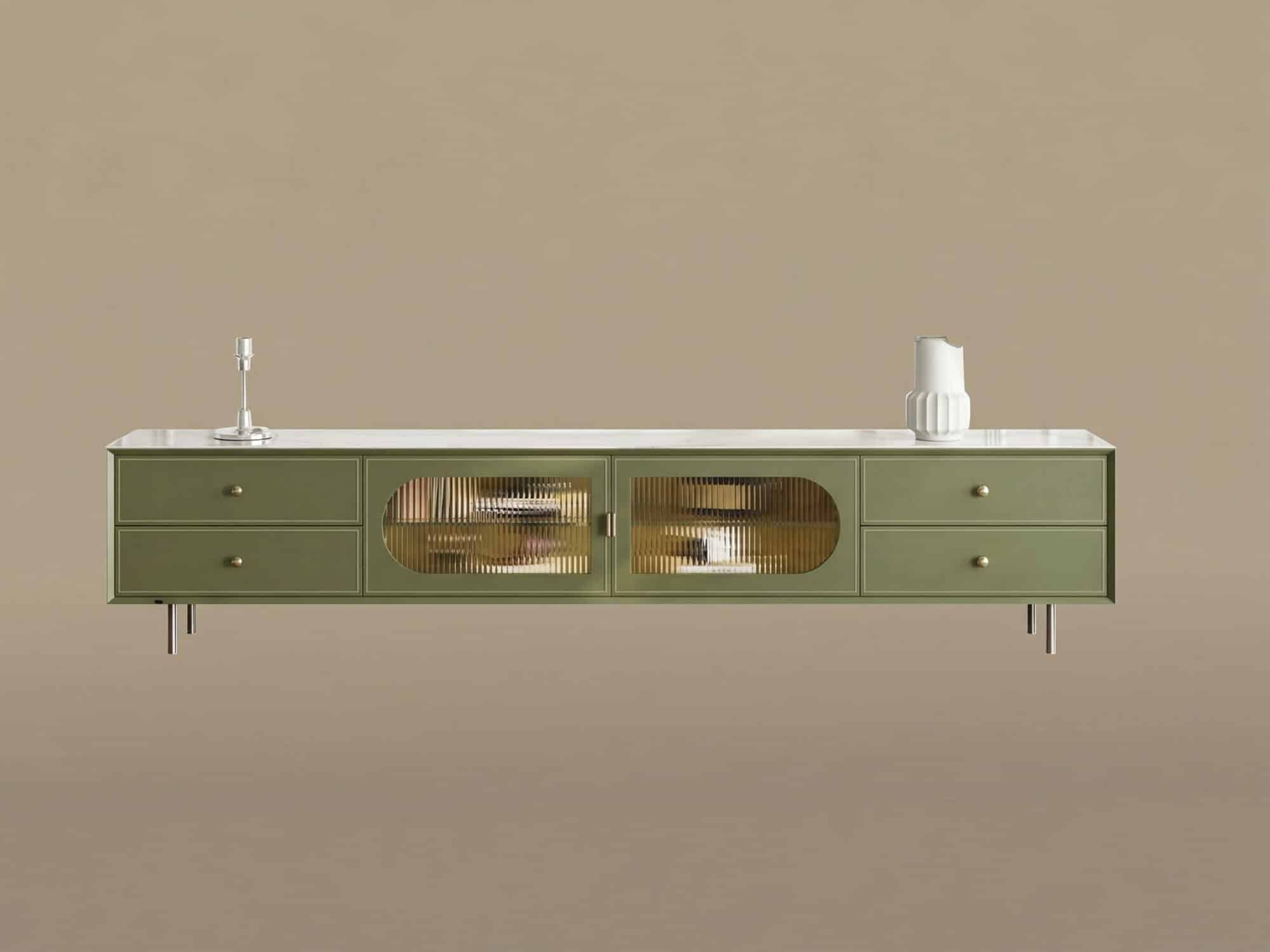 70.87" Modern Green TV Stand with Gold-Ribbed Glass Doors & Storage Drawers 相册图 #7 resized