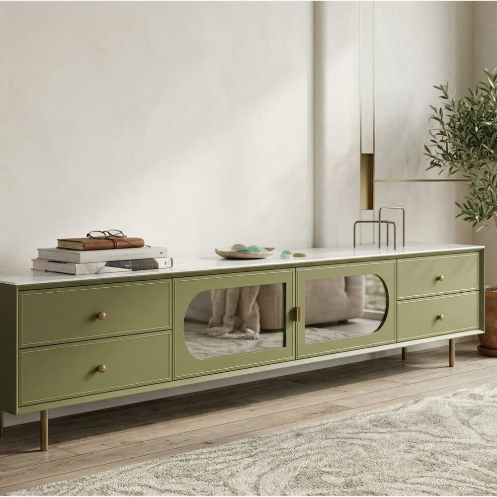 70.87" Modern Green TV Stand with Gold-Ribbed Glass Doors & Storage Drawers 商品主图 scene