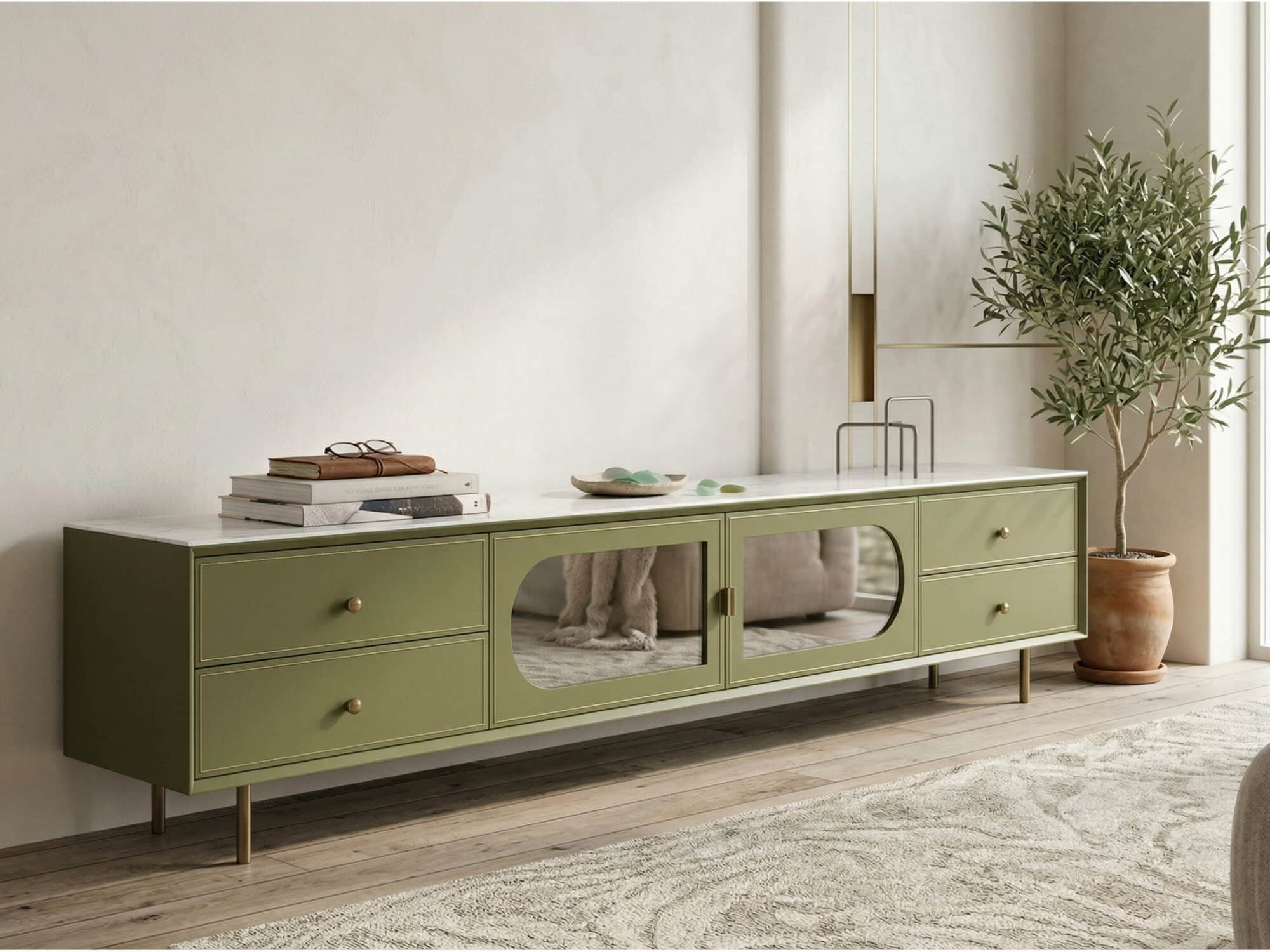 70.87" Modern Green TV Stand with Gold-Ribbed Glass Doors & Storage Drawers 商品主图 scene